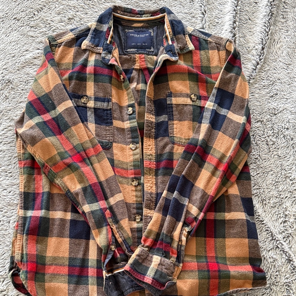 Denim & Flower Plaid Button-Down Shirt in Tan, Navy & Red
